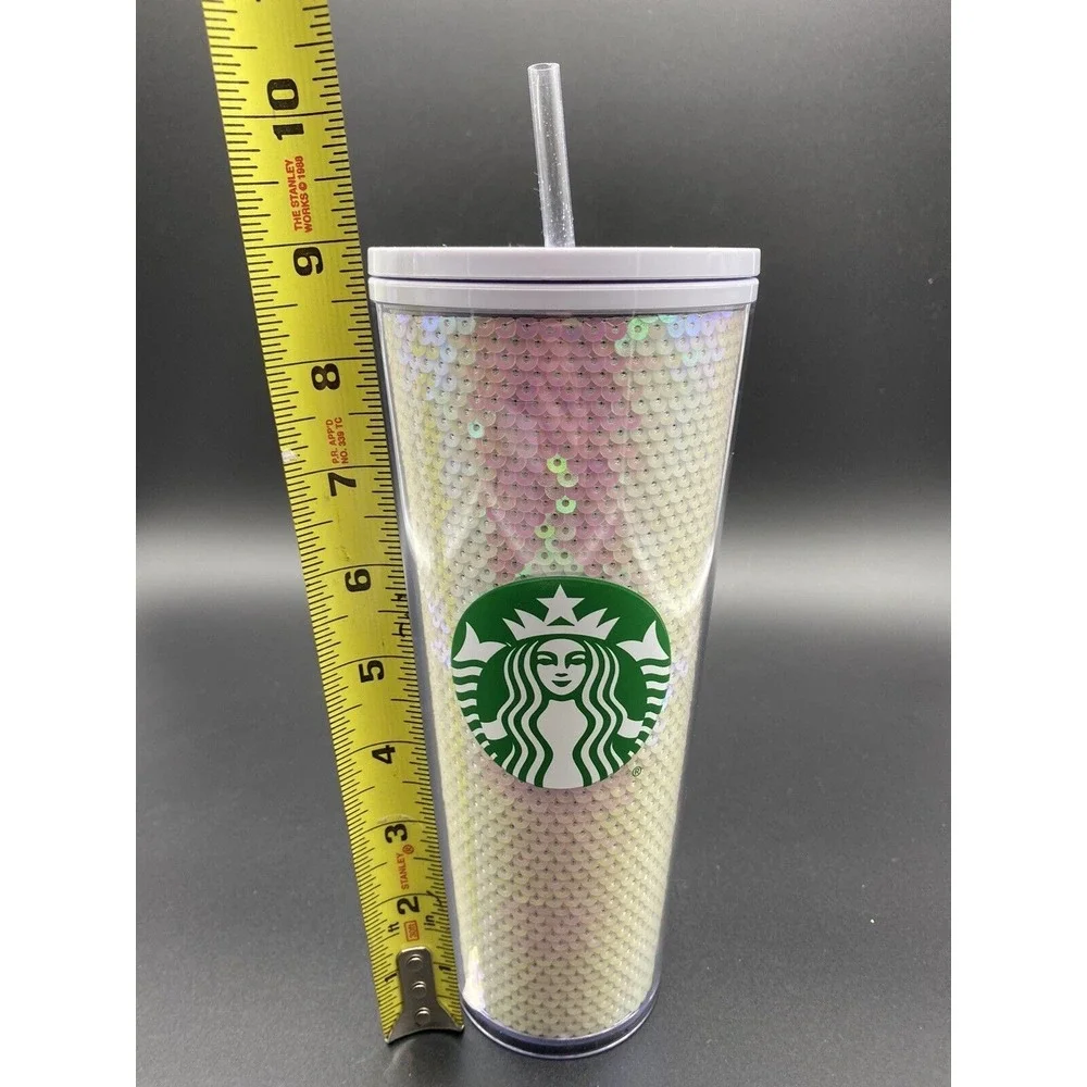 Starbucks 24oz Venti WHITE PINK SEQUIN Cold Cup Tumbler 2020‎ Holiday Purple Top